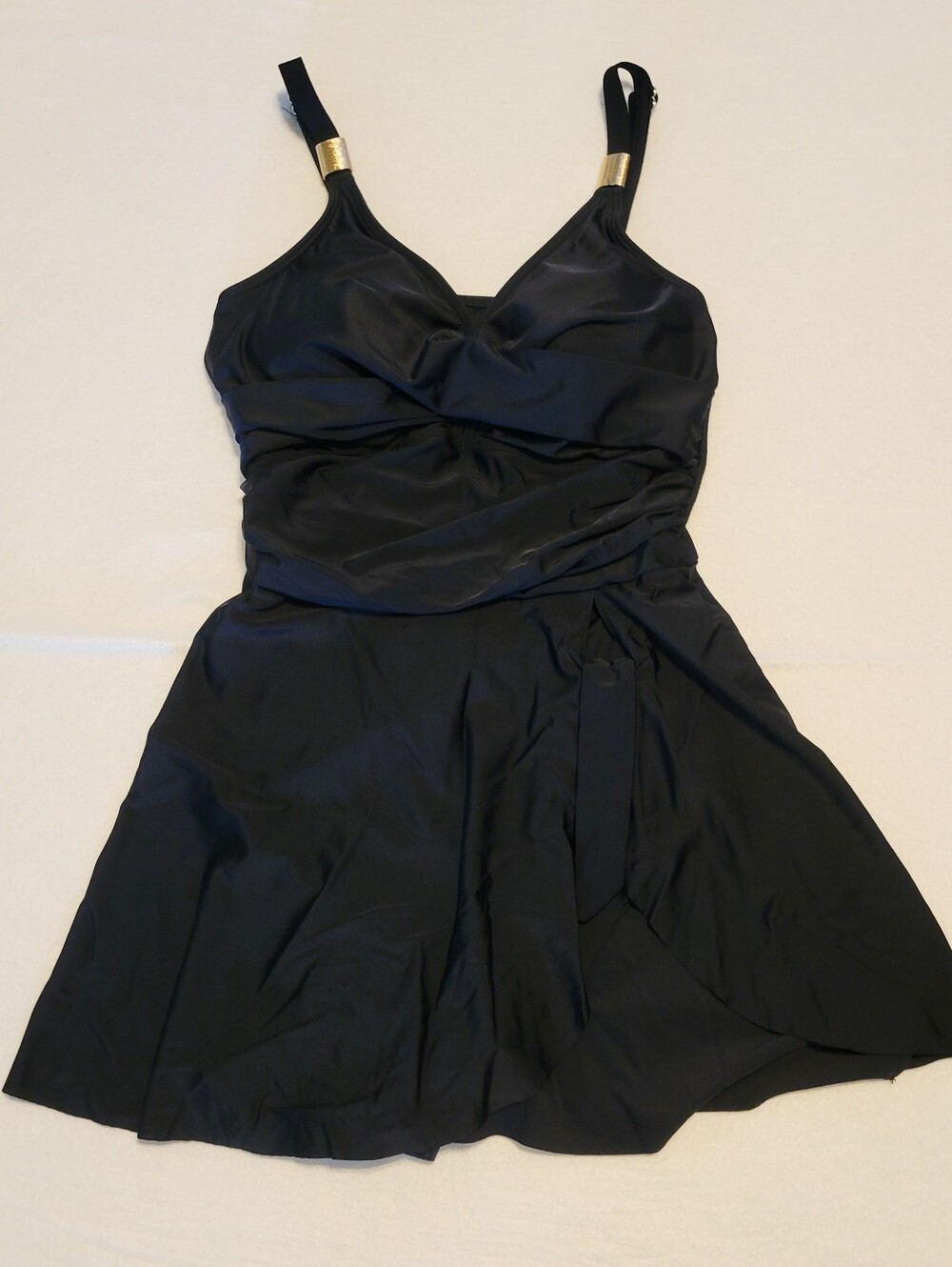 B SWIM Sz Medium Black Women’s One Piece With Skirt & Gold Accent Straps
